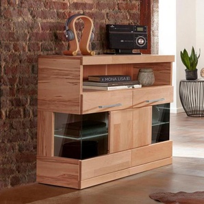 Home affaire Kommode Ribe 85cm breit,35 cm tief, Fronten Massivholz,2 Türen mit Glaseinsatz, Holz massiv, Holzwerkstoff,3 breite Fächer