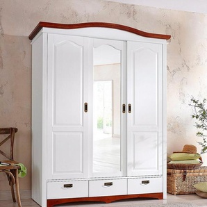 Home affaire Schiebetürenschrank Konrad, Landhausstil, rustikal, mit Schubladen + Spiegel, Kassetten (3 Breiten: 153/202/249 cm H/T ca.207/64 cm) massive Kiefer, FSC®-zertifiziert, Messinggriffe, mehrere Varianten