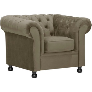 Sessel HOME AFFAIRE Chesterfield Home Gr. Samtvelours, Knopfheftung und Steppung im Rücken, B/H/T: 108 cm x 75 cm x 90 cm, grau (taupe) Chesterfield Sessel mit edler Knopfheftung und typischen Armlehnen