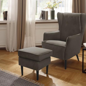 Sessel HOME AFFAIRE Niebüll Gr. Samtvelours, B/H/T: 76 cm x 108 cm x 91 cm, grau (taupe) Ohrensessel ohne Hocker Sessel mit Holzfüßen