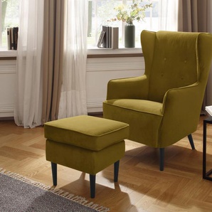 Sessel HOME AFFAIRE Niebüll Gr. Samtvelours, B/H/T: 76 cm x 108 cm x 91 cm, gelb (curry) Ohrensessel ohne Hocker Sessel mit Holzfüßen