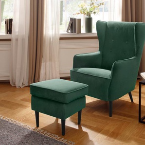 Sessel HOME AFFAIRE Niebüll Gr. Samtvelours, B/H/T: 76 cm x 108 cm x 91 cm, grün (waldgrün) Ohrensessel ohne Hocker Sessel mit Holzfüßen