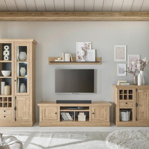Home affaire Wohnwand Cornwall, Anbauwand im Landhausstil, Wohnzimmer-Set, Eiche Dekor, (Set, 4-St), enthält Vitrine, Lowboard, Kommode, Wandboard, 424 cm breit