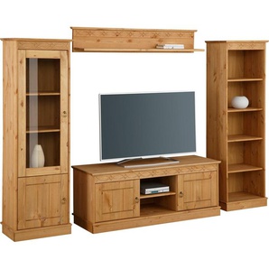 Home affaire Wohnwand Indra, (Set, 4-St), 4-teiliges Set: Vitrine, Lowboard, Wand- & Standregal, Kiefer massiv