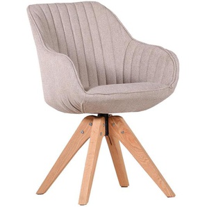 home24 Armlehnstuhl, Beige, Textil, Eiche, massiv, eckig, 60x83x65 cm, Stoffauswahl, Sitzfläche 360° drehbar, Esszimmer, Stühle, Esszimmerstühle,