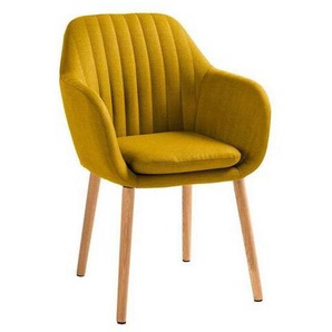 home24 Armlehnstuhl, Eiche, Currygelb, Holz, Textil, Eiche, massiv, rund, 57x83x61 cm, Esszimmer, Stühle, Esszimmerstühle, Armlehnenstühle