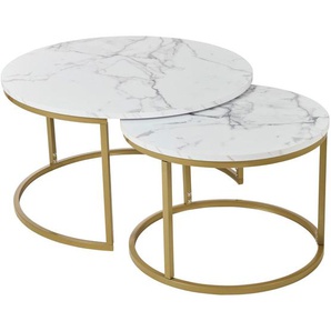 home24 Couchtischset, Weiß, Gold, Metall, Holzwerkstoff, 2-teilig, Marmoroptik, rund, C-Form, rund, 60-80x42-45x60-80 cm, einfacher Aufbau,