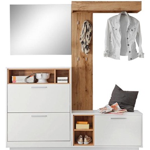 home24 Garderobe, Weiß, Eiche, Glas, Holzwerkstoff, 4-teilig, 177x196x32 cm, Garderobe, Garderoben-Sets