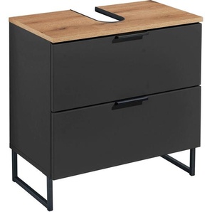 home24 Waschbeckenunterschrank Denver, Schwarz, Eiche, Metall, 1 Fächer, 2 Schubladen, 60x60x35 cm, Fsc, stehend, Badezimmer, Badezimmerschränke,