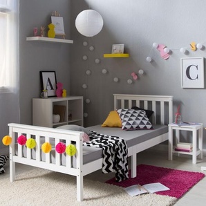 Homestyle4u Holzbett Kinderbett 90x200 Jugendbett mit Lattenrost Weiss Kiefer Massivholz 1416