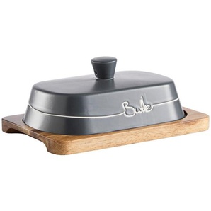 Homeware Profession. Butterdose, Grau, Akazie, Holz, Keramik, Akazie, vollmassiv, Texte, 13.5x8.5x19.5 cm, Lfgb, Küchenzubehör, Vorratsbehälter, Butterdosen