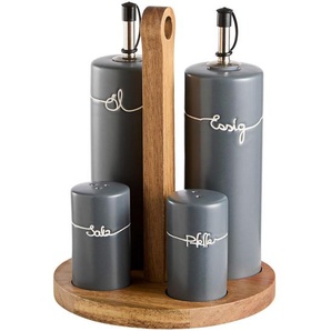 Homeware Profession. Menage-Set, Grau, Holz, Metall, Kunststoff, Keramik, 5-teilig, Akazie, vollmassiv, Lfgb, Tischkultur & Servieren, Essig & Ölflaschen
