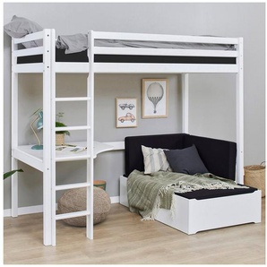 Hoppekids Hochbett ECO Dream 90x200 mit Schreibtisch & Loungesofa / Gästebett Kinderbett aus Massivholz, Sofa ausziehbar zum Gästebett