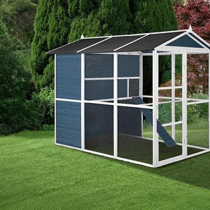 Hühnerstall aus Holz mit Freilaufgehege - für 10 Hühner - 266 x 174 x 205 cm - Blau & Weiß - FERAS