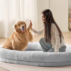 Hundebett für Menschen, 183 x 122 x 25 cm, Hundebett für Erwachsene, Hundebett in Menschengröße mit waschbarem Bezug aus Kaninchenfellimitat, orthopädischem Eierschaum, Aufbewahrungstasche, großes Bohnenbett für Hunde, Hellgrau RLGCQBWTYXDMG98O7V0