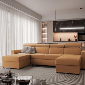Idohome Ecksofa Beni II mit Schlaffunktion Couchgarnitur Ecke Bettcouch U-Form Sofa mit Relaxfunktion und Kopfstützen Eckcouch Wohnzimmer Bettsofa Manila 31 Kupfer