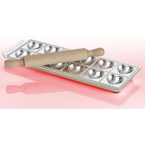 Ravioliform IMPERIA Küchenformen silberfarben (edelstahlfarben) Nudelmaschinen-Zubehör Nudelmaschine Küchenformen für 12 Ravioli Cuoricini, inkl. Teigrolle, Aluminium