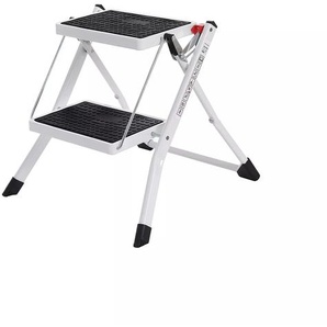 In And OutdoorMatch Klapptritt Kennith - mit 2 Stufen - Trittleiter - Leiter - 20 cm breite Stufe - rutschfest - Gummimatte - mit Tragegriff - belastbar bis 150 kg - aus Stahl - durch TV GS - weiß/schwarz 57717-0
