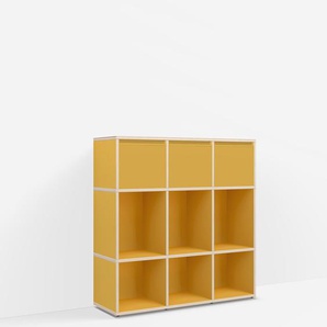 Individualisierbare Kommode mit Schubladen aus Spanplatte in Gelb. Moderne Designer-Möbel