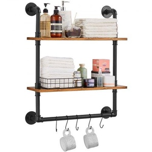 Industrielles Rohrregal, 2 Ebenen, 61 x 20 cm, Wandmontage, schwebende rustikale Holzregale, Halterung, Lagerregal, Kleinteilehalter für Küche, Schlafzimmer, Badezimmer, Wohnzimmer, schwarz JSGZWJYGHMBH4NV3QV0