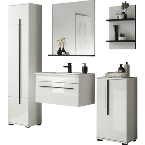 INOSIGN Badmöbel-Set Cantara, Bad im modernen Design, 5-teiliges Badezimmer, (Set, 5-St), Waschtisch, Schränke, Hängeregal und Spiegel, in Weiß Hochglanz