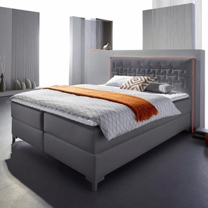Boxspringbett INOSIGN Coos Komplettbetten Gr. Kunstleder, Liegefläche B/L: 160 cm x 200 cm Betthöhe: 50 cm, H2 + H2, 7-Zonen-Tonnentaschen-Federkernmatratze, grau (anthrazit, orange) Boxspringbetten ohne Bettkasten Komplettbetten mit besonderer Steppung