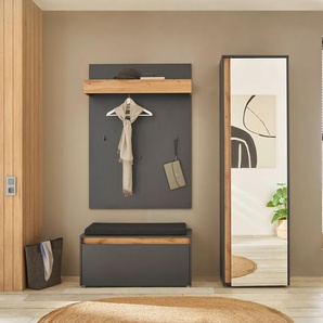 INOSIGN Garderoben-Set GIRON/ CiTY, Garderobe in Wotan Eiche, moderner Garderobenschrank, (Komplett-Set, 3-St), enthält Garderobenschrank, Paneel, Schuhbank inkl. Sitzkissen