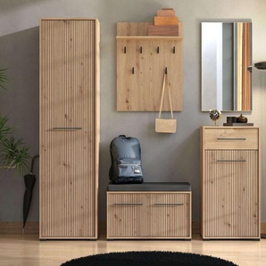 INOSIGN Garderoben-Set Landes, Flurmöbel, Breite 189 cm, in Artisan Eiche mit Streifen, (Komplett-Set, 5-St), (Set, 5-St) inkl. 2 Schränke, Sitzbank, Garderobenpaneel und Spiegel