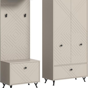 INOSIGN Garderoben-Set Mento, 3-teilig, Ornamentfräsung in der Front, bestehend aus:, (Set, 3-St), Sitzbank, Garderobenpaneel & Garderobenschrank, Metall Griffe & Füße