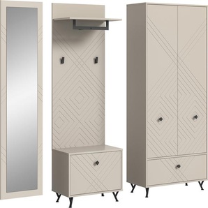 INOSIGN Garderoben-Set Mento, 4-teilig, Ornamentfräsung in der Front, bestehend aus:, (Set, 4-St), Spiegel, Sitzbank, Garderobenpaneel & Garderobenschrank