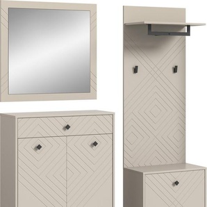 INOSIGN Garderoben-Set Mento, 4-teilig, Ornamentfräsung in der Front, bestehend aus:, (Set, 4-St), Kommode, Spiegel, Sitzbank & Garderobenpaneel, Metall Griffe & Füße