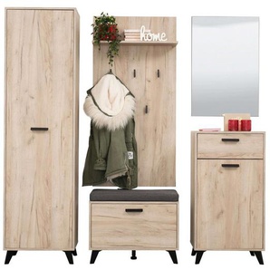 INOSIGN Garderoben-Set Umbria, Flurmöbel, Dielenmöbel, Breite 175 cm, in Grau Eiche, (Komplett-Set, 5-St., 5-st), (Set, 5-St) inkl. 2 Schränke, Sitzbank, Garderobenpaneel und Spiegel