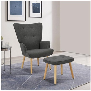 INOSIGN Ohrensessel PERHAM, Sessel mit Hocker im Set, Knopfheftung, Massivholz-Füße, komfortabler Relaxsessel und Sitz-Hocker mit Strukturbezug