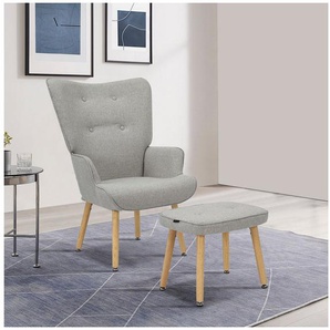 INOSIGN Ohrensessel PERHAM, Sessel mit Hocker im Set, Knopfheftung, Massivholz-Füße, komfortabler Relaxsessel und Sitz-Hocker mit Strukturbezug