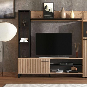 INOSIGN Wohnwand Retimno, inkl. Highboard, TV-Board, Standregal und Wandregal, (Komplett-Set, 4-St), 208 cm, Trendfarben, mit dekorativen schwarzen Streifen, TV bis 58