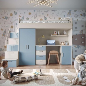 Intertel Arkadiusz Olejniczak MAJA 4S Hochbett, Etagenbett mit Kleiderschrank, Schreibtisch, Lattenrost, Kaschmir / Nebelblau