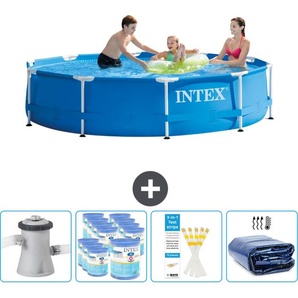 Intex Rundrahmen-Schwimmbecken – 305 x 76 cm – Blau – inklusive Pumpe Filter - Teststreifen - Sonnensegel 28202GN-Blau
