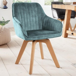 Invicta Interior riess-ambiente Drehbarer Design Stuhl LIVORNO petrol Samt Buchenholz Beine mit Armlehnen Esszimmerstuhl Essstuhl Drehstuhl 41312
