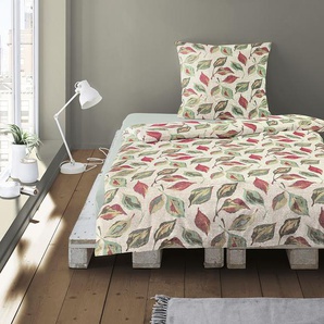 Bettwäsche IRISETTE Feel 8217 Gr. B/L: 155 cm x 220 cm (1 St.), B/L: 80 cm x 80 cm (1 St.), Feinbiber, rot Bettwäsche 155x220 cm mit Blättern