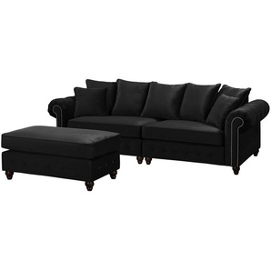 Bigsofa Schwarz/Schwarz Samt 260 x 90 x 93cm mit Hocker Glamour