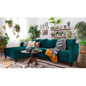 Ecksofa Elnora Blau/Türkis Webstoff 254 x 85 x 165cm Ottomane davorstehend links ohne Hocker Glamour