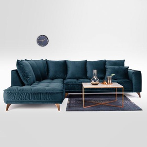 Ecksofa Blau/Dunkelblau Samt 288 x 92 x 245cm Ottomane davorstehend links Glamour