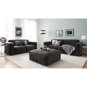 Polstergarnitur 3-2-Hocker Grau/Dunkelgrau Samt Ravi 240 x 75 x 96cm Glamour