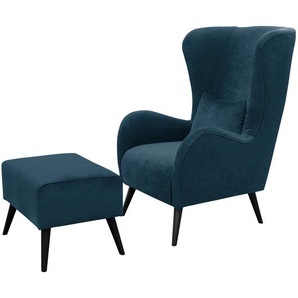 Sessel Pillig Blau/Marineblau Samt mit Hocker 78 x 118 x 94cm