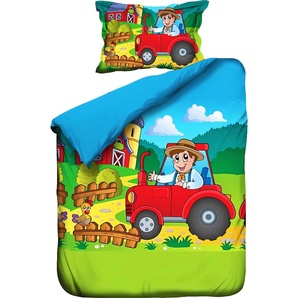 JACK Kinder Renforce Baby Bettwäsche 2 tlg. 100x135cm Traktor Bauer Feld Bunt Reißverschluss