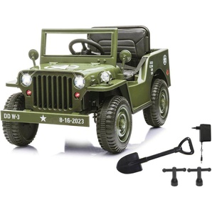 Jamara Elektro-Kinderauto Ride-on Jeep Willys MB Army grün, Belastbarkeit 25 kg, 12V/4,5Ah, Softanlauf, Bluetooth, USB-Anschluss