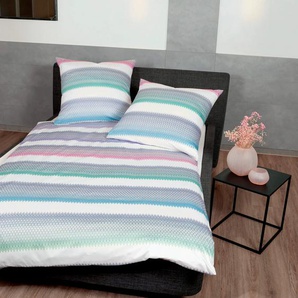 Bettwäsche JANINE MILANO 45038 Gr. B/L: 135 cm x 200 cm (1 St.), B/L: 80 cm x 80 cm (1 St.), Mako-Satin, bunt (blautürkis, lilasalbei) Bettwäsche 135x200 cm mit Reißverschluss