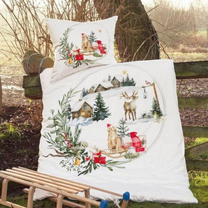 Janine Wendebettwäsche modern art 42103 Weihnachten, Mako-Satin, 2 teilig, mit Reißverschluss, Winterbettwäsche, Weihnachtsbettwäsche, Elch