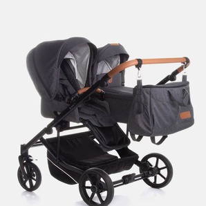 Jedo – Duo Geschwisterwagen – Farbe D50 – Melange – Anthrazit – mit Karamell Schiebegriff + Zubehörpaket gratis 130911