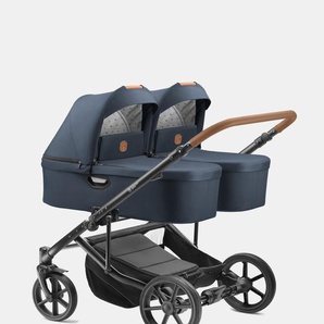 Jedo – Duo Zwillingskinderwagen –Set 2in1 – D53 – Dunkelblau mit Karamell Schiebegriff + Zubehörpaket gratis 130914